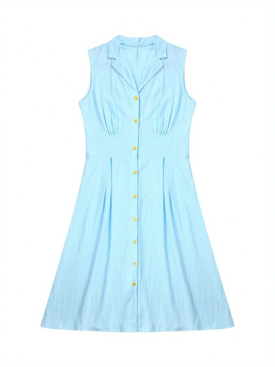 Women Long Dress, Sleeveless Turn-Down Collar Button-Down Casual Party Summer A-Line Dress - Light Blue - View 1