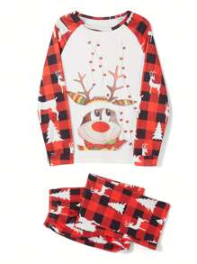 Merry Christmas Red Plaid Pajamas Sets For Women - Elk Print Long Sleeve Tops And Red Plaid Pants Sleepwear
