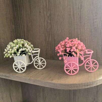 1pc Plastic Mini Bicycle Basket Desktop Decor, Artificial Potted Bonsai, Simulated Fake Plant Room Decoration