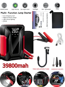 10000mAh Portable Powerhouse - Car Battery Jump Starter, 150PSI Tire Inflator, LED Display, Power Bank, LED Light, 12V Car Battery Booster For 4.0L Gasoline And 2.5L Do Engines, Emergency Roadside Kit