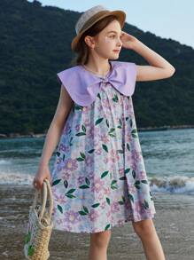 ASK JUNIOR Tween Girls[Flowers]女童连衣裙夏季儿童裙子透气时尚蝴蝶结领公主裙 - 紫色 - 查看 2