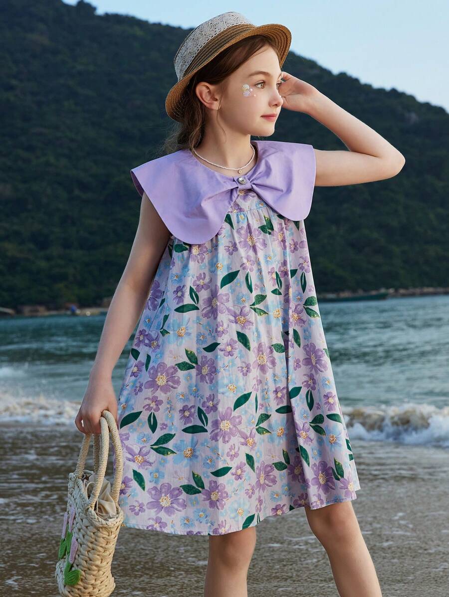 ASK JUNIOR Tween Girls[Flowers]女童连衣裙夏季儿童裙子透气时尚蝴蝶结领公主裙