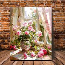 1 pièce Charmante affiche murale de pot de fleurs sur le rebord de fenêtre - Roses roses et blanches vives, motif floral, parfait pour la décoration du salon, sans cadre