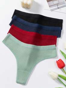 6pcs Women Solid Color Minimalist Breathable Ribbed Thong Underwear - Multicolor - View 4