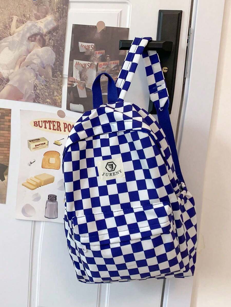 1pc Plaid Large Capacity Checkered Backpack With Laptop Compartment, Multi-Functional Versatile Backpack, Nylon Material, Lightweight, Zipper Design, Casual Travel Backpack, Suitable For Graduates, Teenagers And Young Girls For Outdoor, Travel, School And College Use