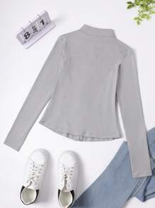 女式纯色拉链长袖运动夹克，袖口有拇指孔，紧身，瑜伽健身跑步运动服 - 灰色 - 查看 6