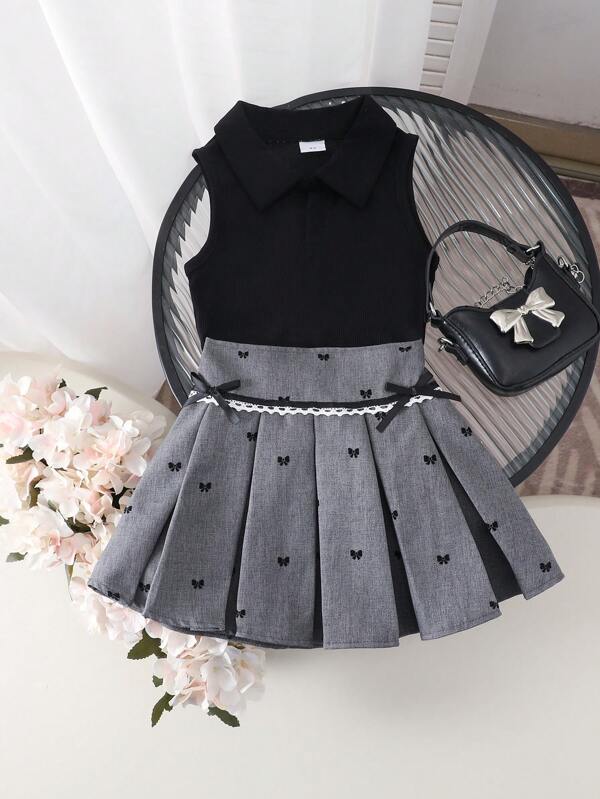 2pcs/Set Young Girl Sleeveless V-Neck Top With Butterfly Embroidery & Ruffled High-Waisted Pleated Skirt, Fashionable Preppy Style, Summer