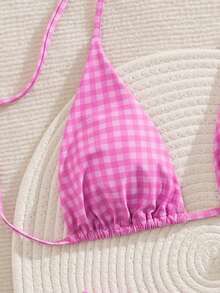 PEPPERMOLLY New Plaid Soft Halter Tie Back Cute Bikini, Women Summer Beach Fashion Swimwear Set, Rose Red - Hot Pink - View 4