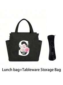2 pièces/Set Sacs isothermes imprimés avec lettres A-Z et boîte de rangement pour couverts, sac à lunch à double poche