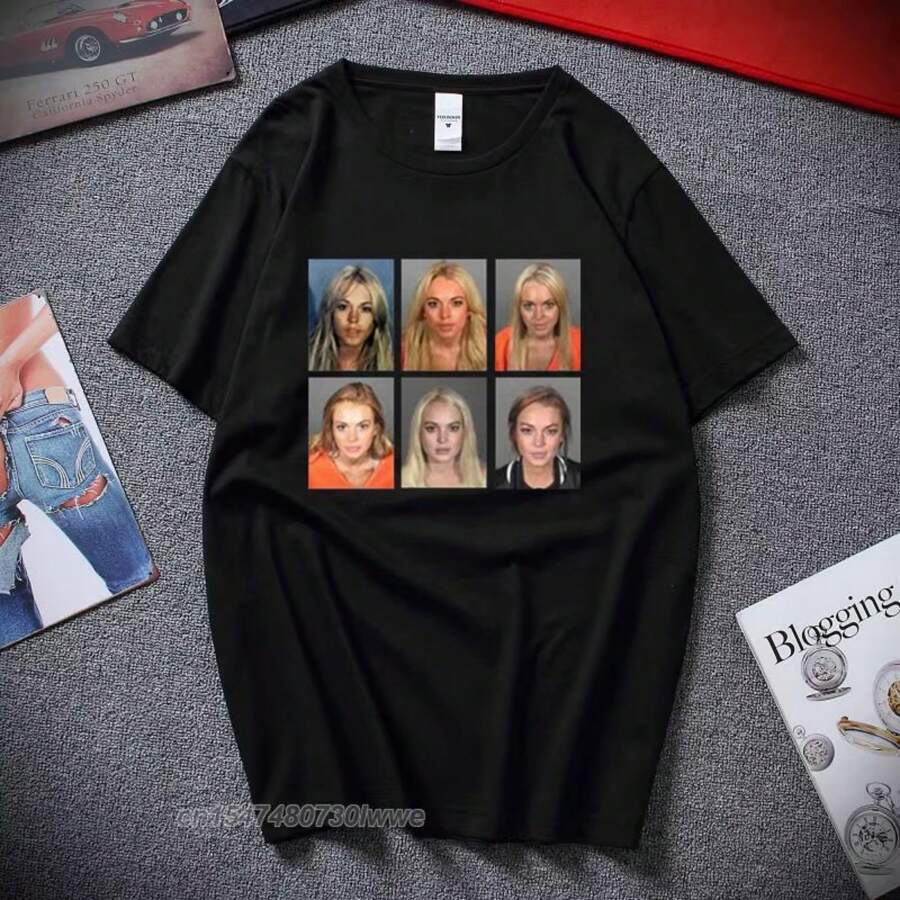 Lindsay Lohan Mashup Celebrity Mugshot Vintage Grunge Look Fan T-Shirt Graffiti Fashion Men Cotton Tshirt Tees Streetwear - 黑色 - 查看 1