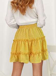 Falda corta con volantes y estampado floral para mujer, cintura alta, corte en A, plisada y anudada para verano