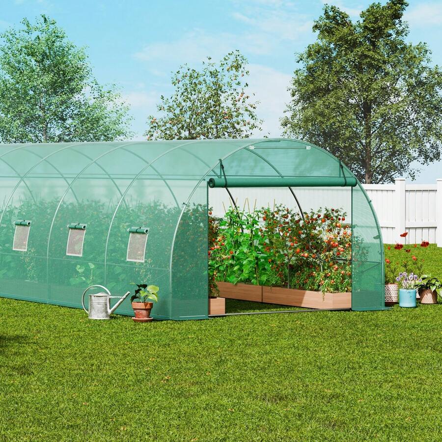 Walk-In Tunnel Greenhouse, 29.5x9.8x6.6 Ft Or 29.2x9.7x6.5 Ft Or 27.4x9.5x7.4 Ft Or 14.6x6.4x6.3 Ft Or 9.6x6.4x6.2 Ft Or 19.4x9.7x6.5 Ft Or 11.3x6.4x6.3 Ft Hoop House With Galvanized Steel Frame, PE Cover, Zipper Door, 12 Windows For Outdoor Use - 29.2x9.7x6.5 ft, Green PE Cover, Roll-up Zipper Door and 12 Windows - 查看 1