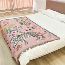 1 pieza Manta con borlas estampado de leopardo de las nieves estilo bohemio, manta versátil para cuatro estaciones, para camping, sofá, oficina, dormitorio y decoración de la sala de estar