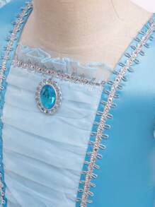 年轻女孩荷叶边泡泡袖优雅欧根纱公主裙，适合角色扮演和派对 - 藍色 - 查看 4