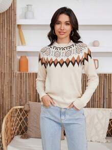 VIBEWAVE 女士菱形格休闲打底衫撞色款，穿毛衣出Fel Island - 米色 - 查看 3