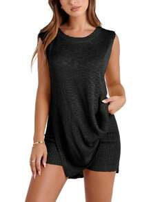 Women's Summer Knitted Sweater Set Sleeveless Top With Shorts 2 Piece Beach Holiday Set