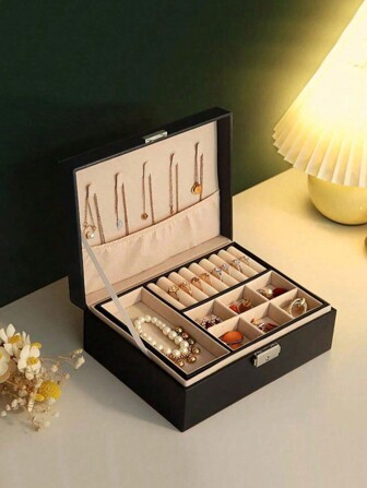 1 件简约双层天鹅绒珠宝盒，大容量防尘耳环/项链/手镯收纳盒，适合情人节礼物、家庭组织、房间装饰 - 可上锁、多层、抽屉式 PU 皮革珠宝盒