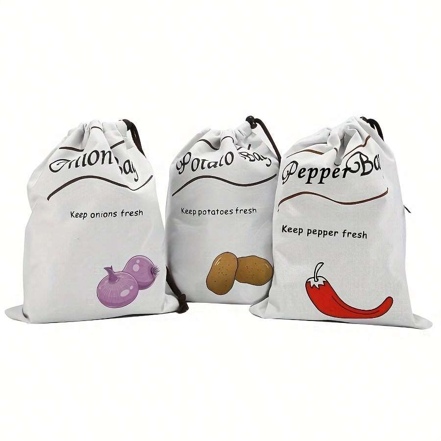 3 pezzi Sacchetti organizzatori da cucina con laccetti, sacchetti per conservare cipolle, patate, peperoncino e verdure, adatti per l'utilizzo in cucina, accessori per l'organizzazione della cucina - Multicolore - Visualizzare 1