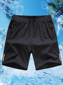 3pcs Women Solid Color Casual Sports Shorts, With Zipper Pockets & Printed Design, Suitable For Running, Fitness, Daily Wear And Outdoor Activities In Summer - Black - View 3