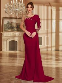 红色圣诞晚礼服，饰有贴花网纱拼接长袖，优雅V领长裙，带拖尾，女士正式礼服，适合婚礼宾客、生日、感恩节、新年、节日场合、情人节派对等春季穿着。 - 酒紅色 - 查看 5