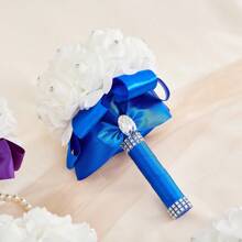 Artificial Wedding Bride Bouquet Handheld Bridesmaid Flower With Ribbon - Blue - View 6