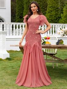 MIUSOL 亮片蕾丝撞色网眼 V 领荷叶边袖褶皱下摆晚会长裙，女士优雅派对礼服，正式晚礼服，舞会礼服，适合婚礼嘉宾、毕业典礼、晚宴