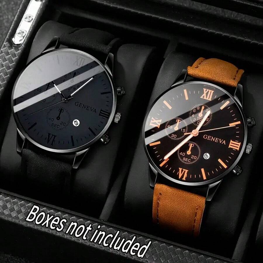 2 piezas Relojes para hombres Reloj de cuarzo para hombres Reloj de pulsera casual Reloj de hombre Juegos de relojes de moda con calendario Regalo de festival Día de San Valentín