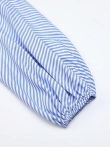 女士条纹灯笼袖休闲衬衫，舒适日常穿着，适合户外散步、毕业季、独立日 - 藍色 - 查看 8