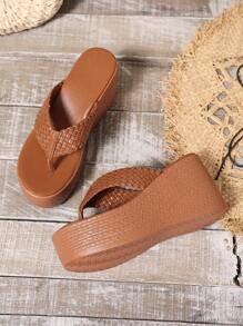 Sandálias Plataforma Casuais de Lã de Carneiro Entrelaçadas à Prova d'Água para Mulheres, com Sola Grossa, Confortável e Versátil para Verão, Férias e Uso Diário