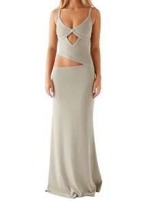 Women Slip Maxi Dress Sleeveless V-Neck Backless Hollowed Swing Dress Summer Slim Fit Split Long Dress Night Cocktail Party - 綠色 - 查看 1