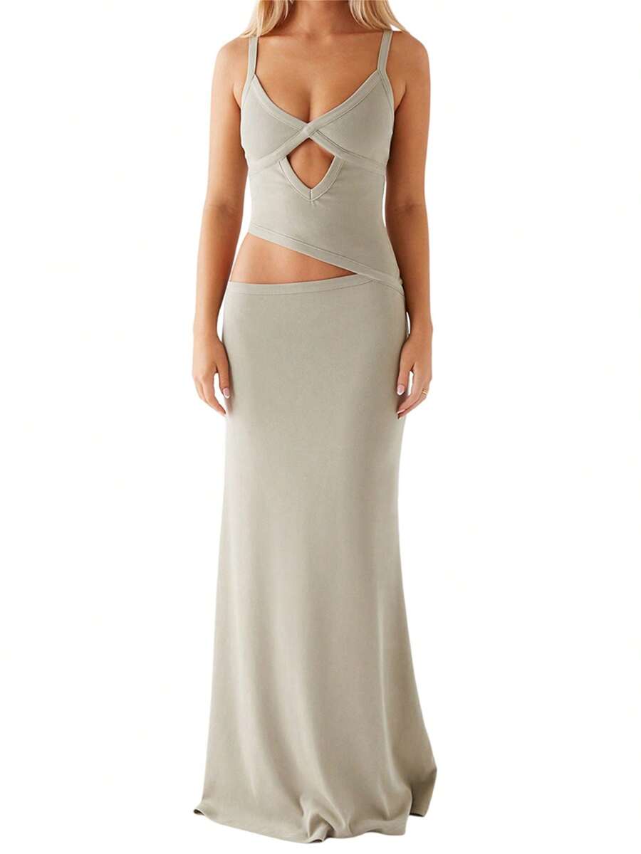 Women Slip Maxi Dress Sleeveless V-Neck Backless Hollowed Swing Dress Summer Slim Fit Split Long Dress Night Cocktail Party - 綠色 - 查看 1