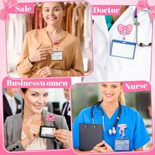 1 件粉色蝴蝶结徽章卷轴可伸缩徽章卷轴用于身份证可爱徽章鳄鱼夹配件适用于护士医务工作者办公室学校老师、学校用品、返校