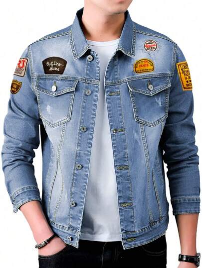 Shendy Vendy Chamarras de Mezclilla para Hombre Fashion Outfit de Caballero Chamarra de Mezclilla con Diseño Clásico de Manga Larga con Bolsillos y Solapa Sin Capucha