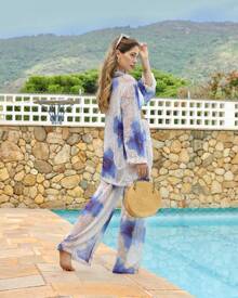 Beach Set Beach Skirt Tulle Printed Blouse And Pants With Fake Drawstring - Trắng - Xem 5