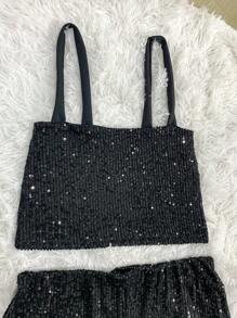 Women's Sequin Shorts Set With Pockets, Cropped Top And Straps For Bloggers - màu đen - Xem 3