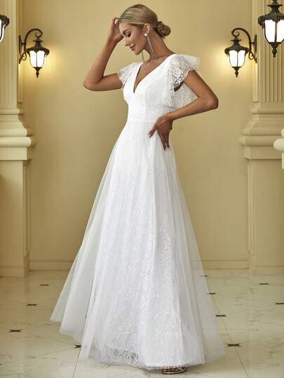 EVERPRETTY Sexy Ruffle Sheer Short Sleeve Lace Trim Backless White Wedding Dress Elegant