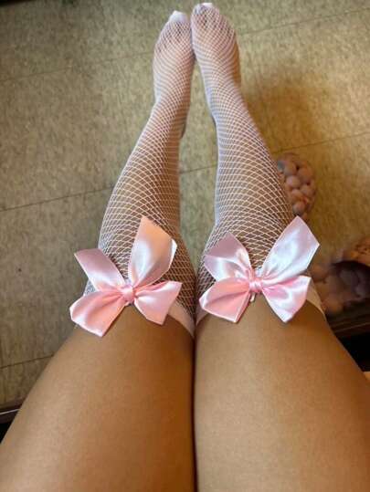 1 Pair Women Sexy Lingerie Bow Decor Long Socks Cute Pink Over The Knee Socks Cosplay Uniforms Lolita Thigh High Stockings For Club, Night Out, Dates, Shows, Wedding Night – Cheeky Stockings & Tights Lingerie