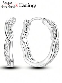 1 对女士优雅镀银/镀白金环形耳环，高品质闪亮锆石镶嵌编织图案珠宝礼物，适合日常、派对、宴会配饰 - 銀色 - 查看 10