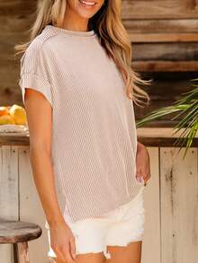 Acelitt 夏季休闲纯色宽松针织纹理条纹圆领短袖T恤 - 杏色 - 查看 4