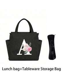 2 pièces/Set Sacs isothermes imprimés avec lettres A-Z et boîte de rangement pour couverts, sac à lunch à double poche