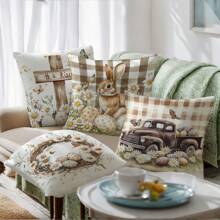 4 件套复活节格子兔子和鸡蛋抱枕套套装，单面桃色天鹅绒面料，45 * 45 厘米/18 * 18 英寸枕套，适用于现代简约沙发客厅装饰、礼物、派对装饰 - 彩色 - 查看 9