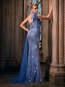Gorgeous Haze Blue Women Slash Neck High Split Formal Evening Gown Dress With Beading - Dusty Blue - View 2