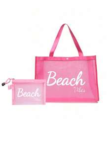 粉色网眼手提包，带有海滩字母印花设计，配有化妆包和太阳镜，网眼化妆包和靠垫粉扑收纳便携式化妆包，带有海滩字母印花设计，沙滩包 - 粉色 - 查看 8