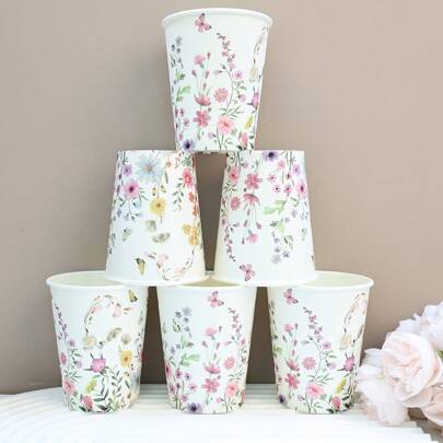 10/20/40 pièces, Gobelets de fête floraux Tasses en papier botanique vintage 9oz Fleurs sauvages Herbes Gobelets jetables pour boissons pour anniversaire, enterrement de vie de jeune fille, fête de Pâques Fournitures