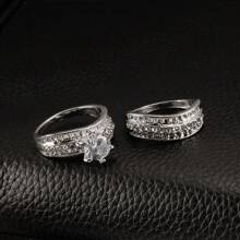 Wholesale Jewelry 10pcs Fashion 2 In 1 Austria Cubic Zirconia Rhinestones White Engagement Wedding Women Rings - Silver - View 7