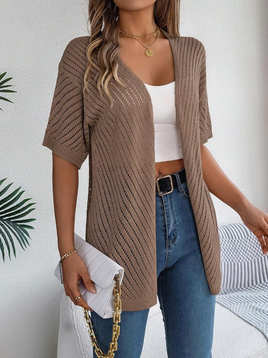 Cárdigan de punto de manga corta con diseño calado, casual, para primavera/verano - Café integral - Ver 1