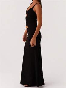 Women Summer Slim Fit Slip Dress, Sleeveless V-Neck Backless Hollowed Swing Dress  Long Dress For Cocktail Party - Black - View 4