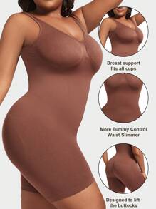 1pc Women Plus Size Seamless Shapewear Jumpsuit, Black Cinched Waist Bust-Lifting Tummy Control Overall Body Shaper