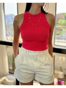 Cropped Modal Women's Fashion Worked New Collection - Naranja neón - View 2