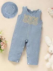 2pcs Baby Girls' Casual Easter Bunny Plaid Jumpsuit & Cap Set - Blue - View 4
